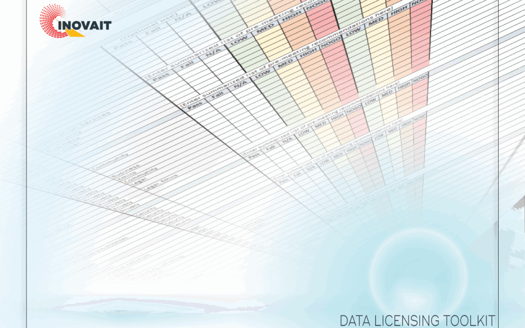An abstract interpretation of the Health Data Licensing Scorecard. A glowing light blue sphere in the bottom right corner. A skewed spreadsheet behind it vanishes into it. The INOVAIT logo appears in the upper left.